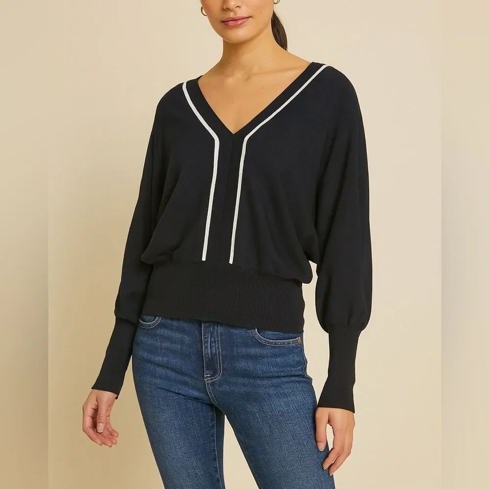 Express Reversible Navy Contrast Piping V-Neck Dolman Top Sweater Size S